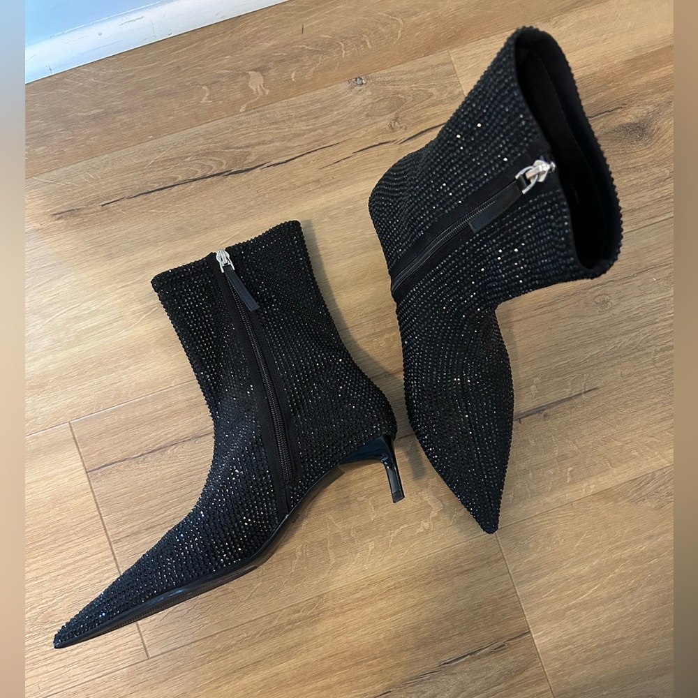 Zara Black Rhinestone Ankle Kitten Heel Boots